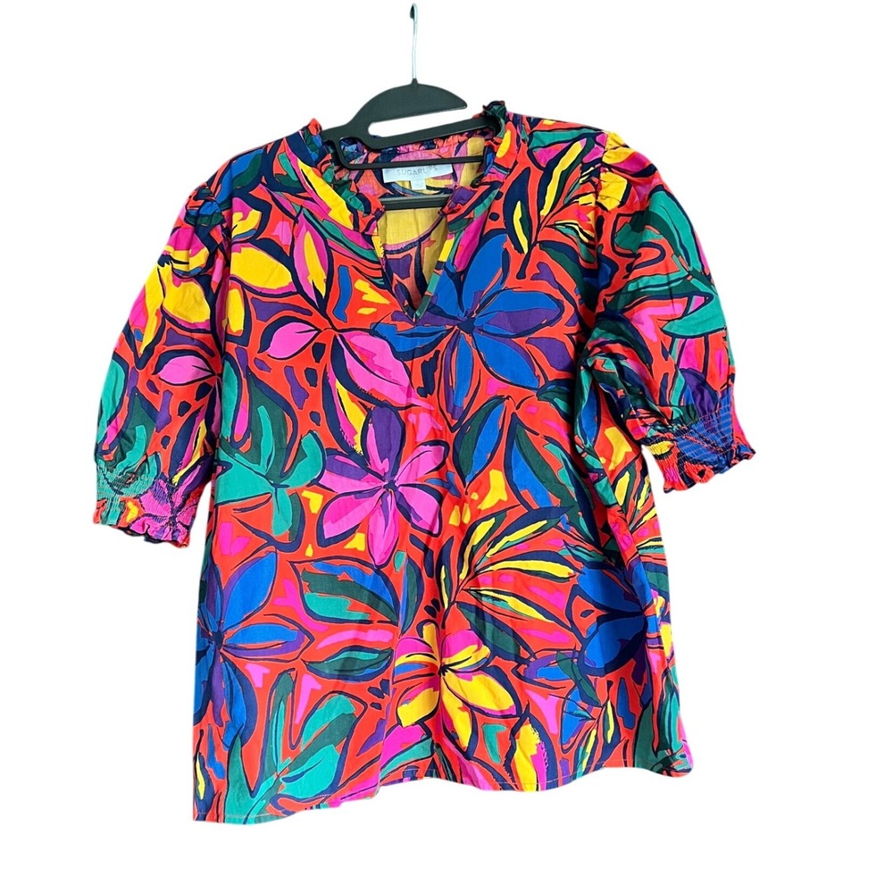 Sugarlips Floral Tropical Puff Sleeve Cotton Blouse Red Multi Large Maximalist